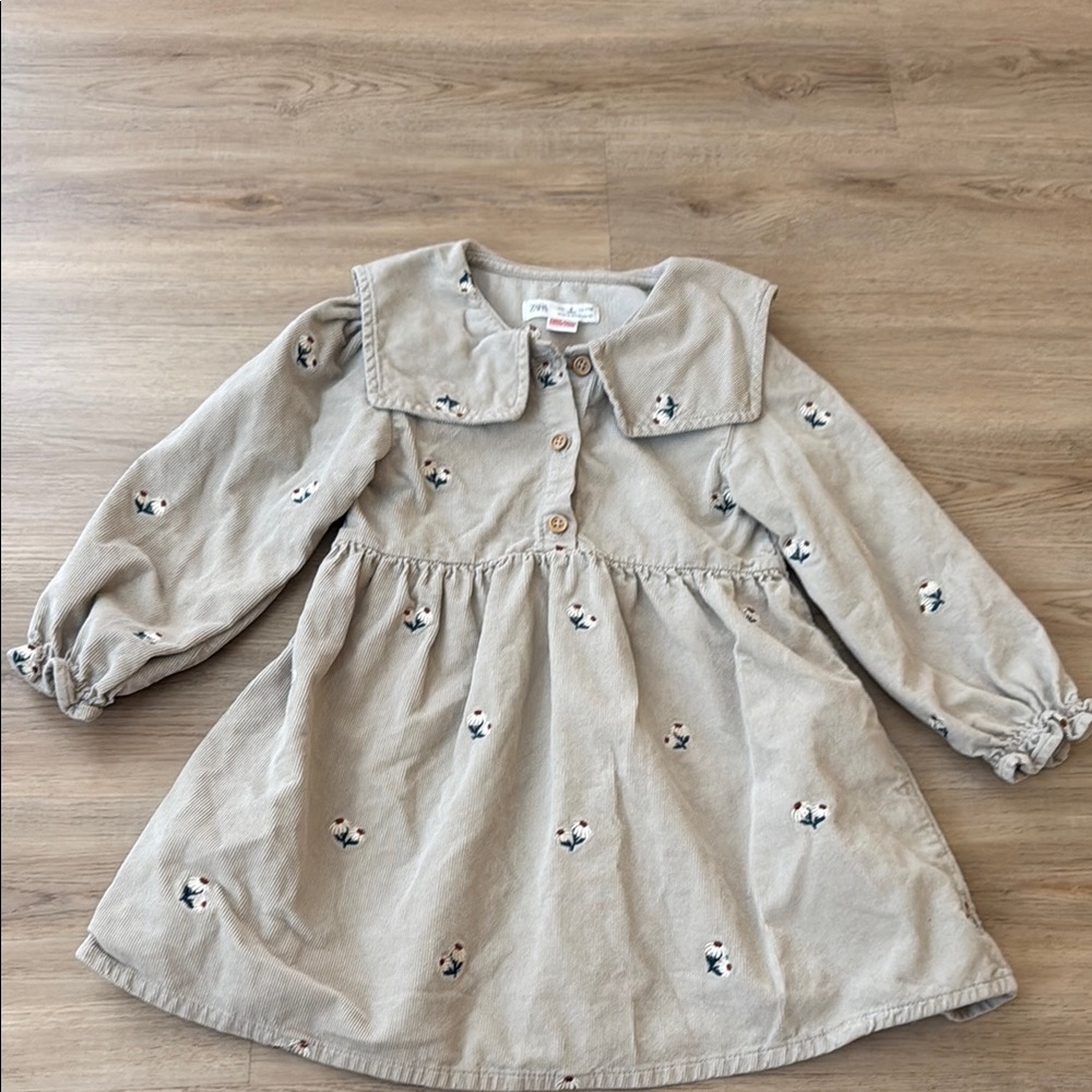 Zara Beige Kids Dress with Floral Details